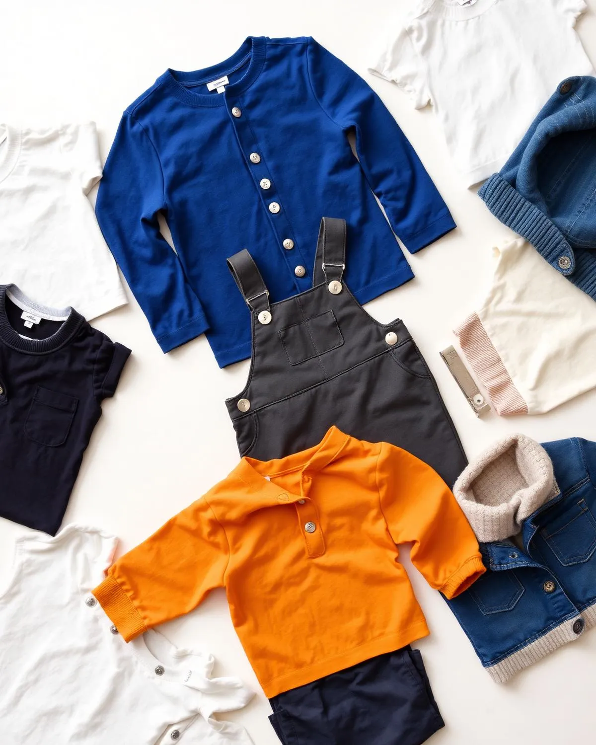 Children's tees, dungarees and jackets arranged as a flat lay