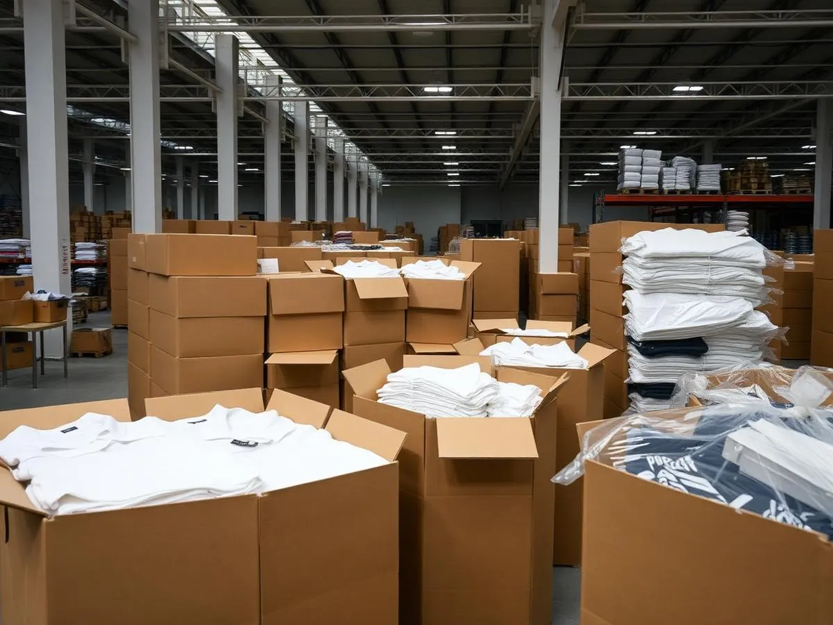 Finished garments packed into export cartons in a warehouse