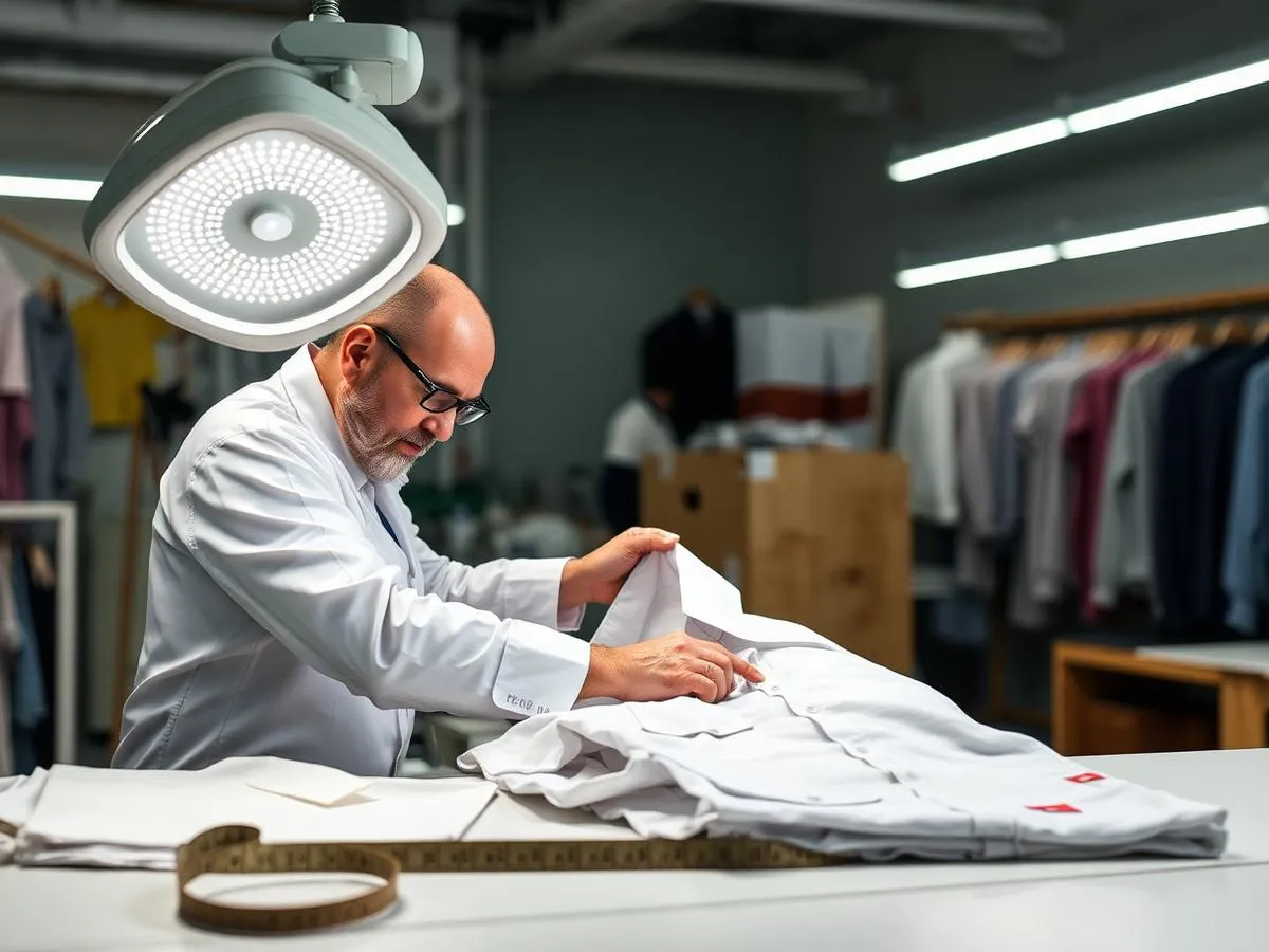 Quality inspector checking a finished shirt under inspection lighting