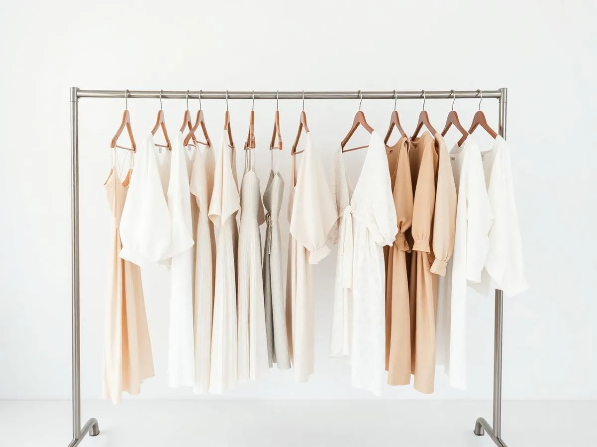 Women's dresses and tops on a studio clothing rack